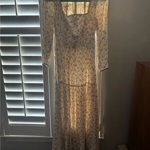 Reformation Tan Long Sleeve Bishop V-Neck Sundress